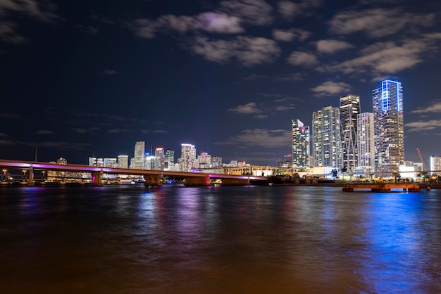 Panorama del horizonte de la ciudad de Miami en rascacielos nocturnos y puente sobre el mar con reflejo