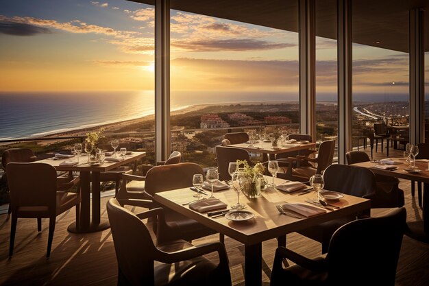 Panorama-Hotelrestaurant mit Blick auf das Meer oder die Stadt