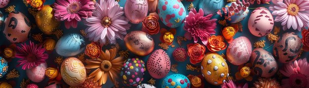 Panorama de huevos de Pascua y flores con patrones artísticos