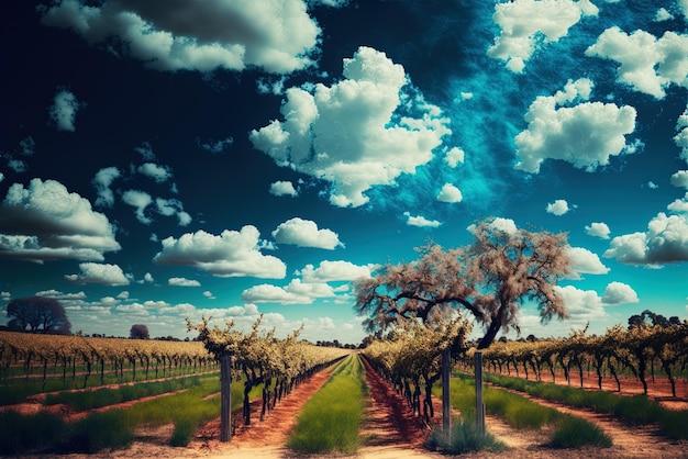 panorama impresionante de un viñedo bajo un cielo azul brumoso