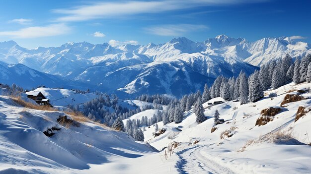 Foto panorama de invierno de las montañas con pistas de esquí y chalets