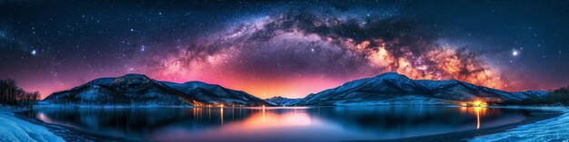 Foto panorama de invierno con la vía láctea en el cielo estrellado de la noche contra un colorido fondo brillante de lago y montañas nevadas