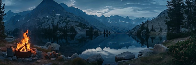 Foto panorama-landschaft banner von lagerfeuer am see in den bergen
