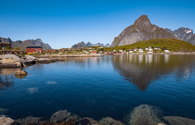 Panorama Lofoten é um arquipélago no condado de Nordland, na Noruega. É conhecida por um cenário distinto com montanhas e picos dramáticos, mar aberto e baías abrigadas, praias e terras intocadas.