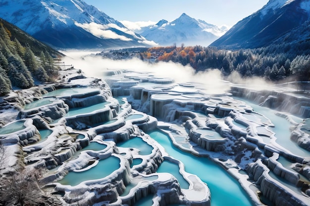 Panorama-Luftaufnahme von Huanglong, bedeckt mit Schnee