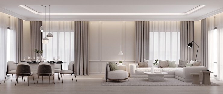 Panorama de la lujosa sala de estar y comedor con sofá y sillón
