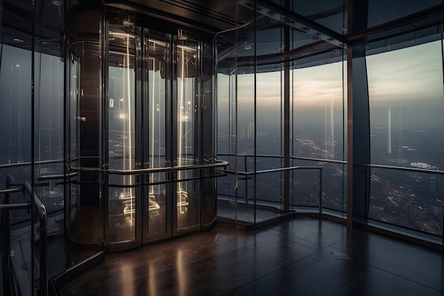 Panorama-Luxusaufzug in einem generativen Wolkenkratzer IA