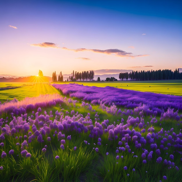 Un panorama majestuoso de un paisaje rural iluminado por un amanecer dorado con un prado de vibrantes