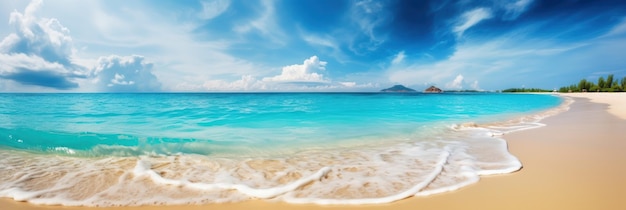 Foto panorama mar tropical y playa de arena con banner de cielo azul ai generativa