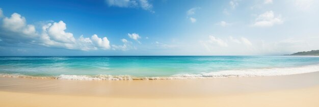 Panorama mar tropical y playa de arena con banner de cielo azul AI generativa