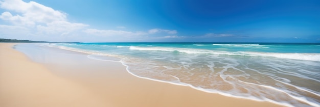 Foto panorama mar tropical y playa de arena con banner de cielo azul ai generativa