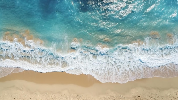 panorama mar tropical y playa de arena con fondo de cielo azul antena de arriba hacia abajo