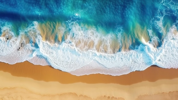 panorama mar tropical y playa de arena con fondo de cielo azul antena de arriba hacia abajo