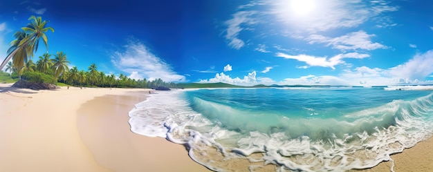 panorama mar tropical y playa de arena con fondo de cielo azul