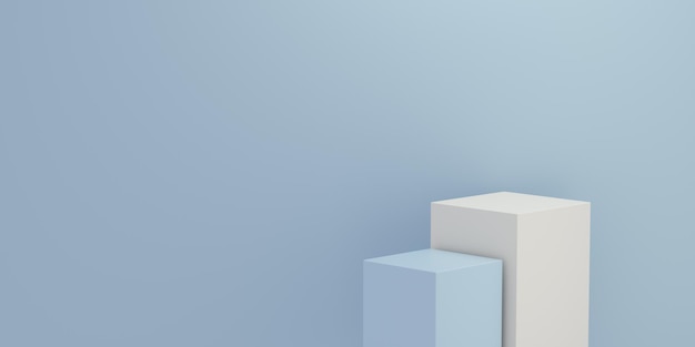 Panorama minimalistisches Podium für die Produktpräsentation auf blauem Hintergrund mit Platz für Text Leere Podiumsplattform 3D-Rendering