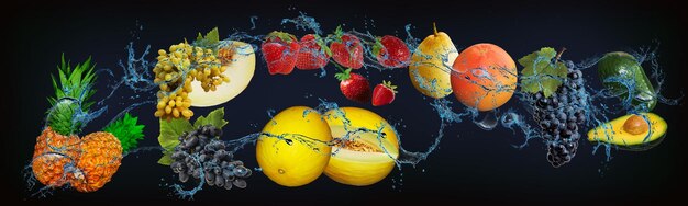 Panorama mit frischen Früchten im Wasser Ananas, Trauben, Melone, Erdbeere, Birne, Grapefruit, Avocado, ein sehr leckeres Dessert für das neue Jahr, Weihnachten und Halloween