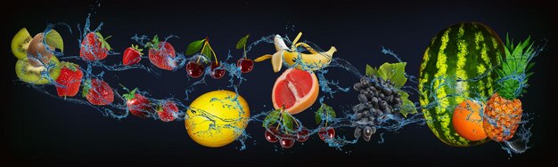 Panorama mit frischen Früchten in Wasser, Ananas, Orange, Wassermelone, Kirsche, Melone, Erdbeere, Kiwi, ein köstliches Dessert für das neue Jahr, Weihnachten und Halloween