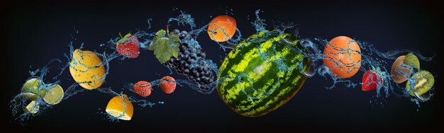 Panorama mit Früchten im Wasser saftige Limette Zitrone Erdbeere Orange Wassermelone Grapefruit Erdbeere Kiwi stärken unsere Gesundheit mit nützlichen Stoffen