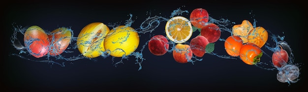 Panorama mit Früchten im Wasser saftige Pflaumen Kaki Pfirsiche Zitrone Melone Mango die Garantie für Gesundheit und Jugend des menschlichen Körpers
