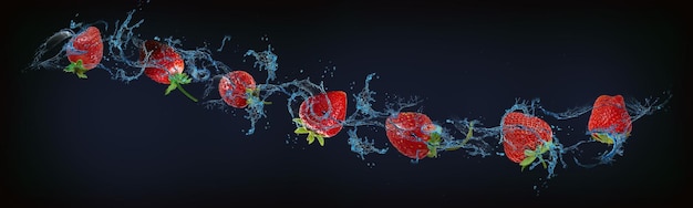Panorama mit Früchten in Wasser saftige Erdbeeren erhöhen die menschliche Immunität