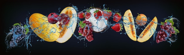 Panorama mit Früchten in Wasser saftige Trauben Melone Granatapfel Erdbeeren Kokos Birne stärken den Körper und erhöhen die Immunität der Menschen