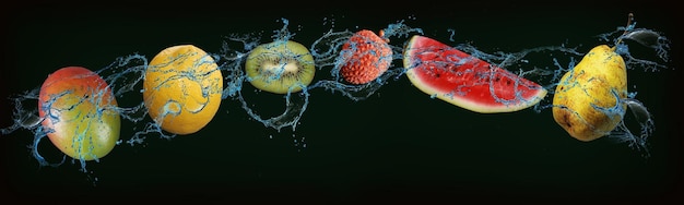 Foto panorama mit früchten saftige kiwi birne zitrone wassermelone mango sind gut für die gesundheit und ein erstklassiges dessert für ihre gäste