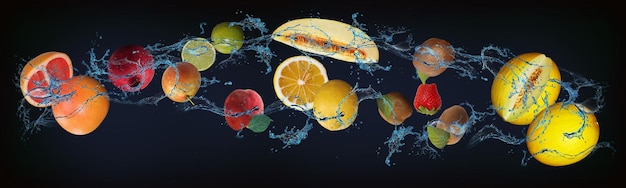 Panorama mit saftigen Früchten in der Wassermelone Kiwi Erdbeere Zitrone Melone Pfirsich Limette Birne Granatapfel Grapefruit süße Leckerei für unseren Bauch