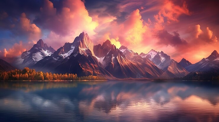 Panorama de la montaña de los Alpes con la luz del atardecer reflejada en el lago Generativo ai