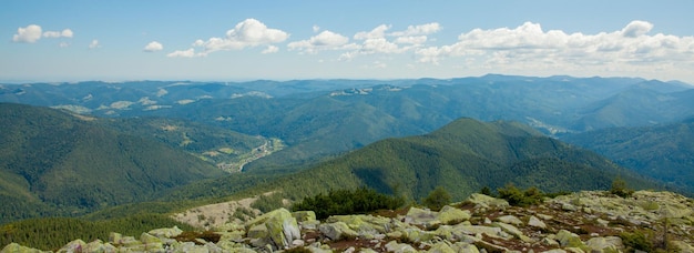 Panorama de las montañas de los Cárpatos en un día soleado de verano Viajar a Ucrania Concepto de belleza de la naturaleza