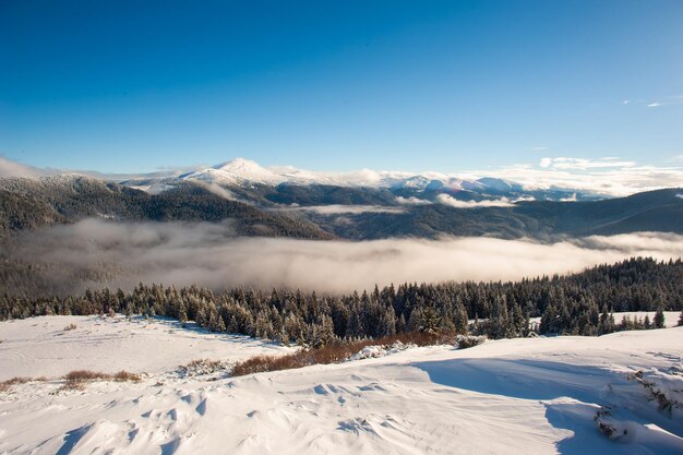 Panorama de montañas nevadas, nieve y nubes en el horizonte