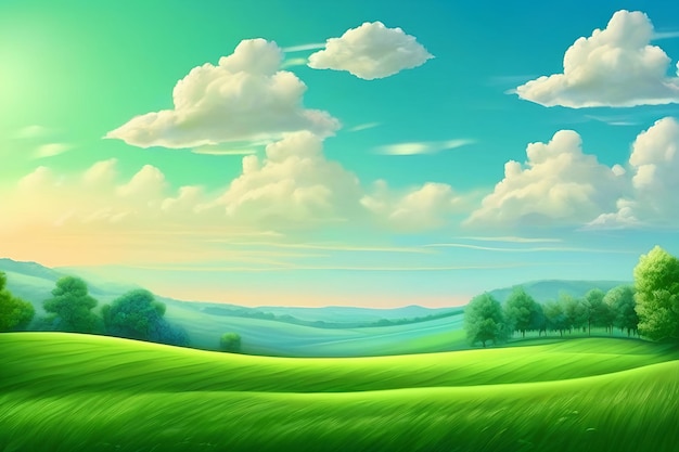 Panorama-Naturlandschaft mit grünem Grasfeld, blauem Himmel mit Wolken und Bergen im Hintergrund