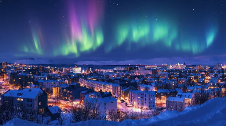 Panorama nevado de la ciudad bajo la vibrante aurora boreal