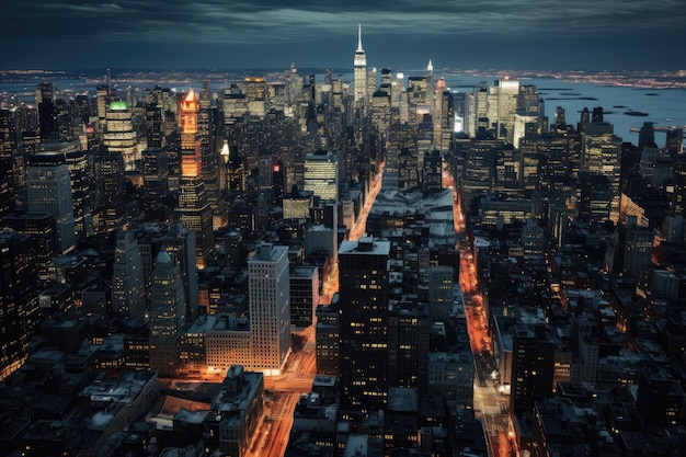 Panorama noturno do horizonte de Manhattan, na cidade de Nova York, com arranha-céus iluminados. Vistas aéreas do horizonte do centro de Manhattan geradas por IA