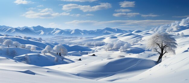 Panorama del paisaje de invierno con árboles cubiertos de nieve y montañas en el fondo