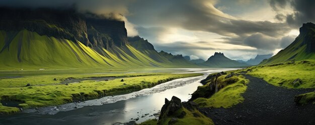 Panorama del paisaje natural montañas valles islandeses con un río generativo ai