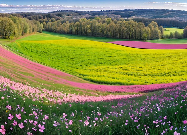 Panorama del paisaje de primavera con flores en flor en el prado