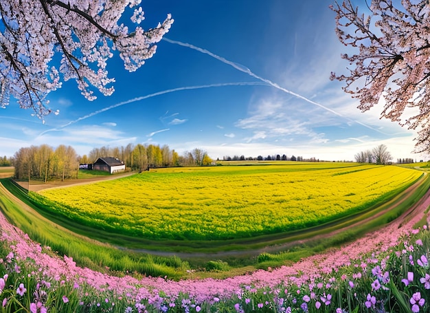 Foto panorama del paisaje de primavera con flores en flor en el prado