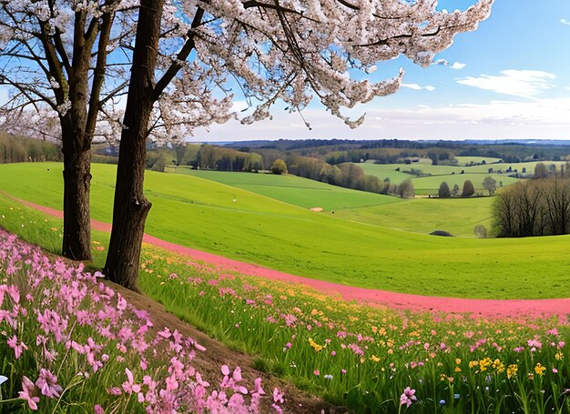 Panorama del paisaje de primavera con flores en flor en el prado