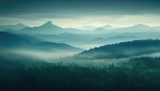 Panorama paisajístico con IA generativa de exuberante bosque verde