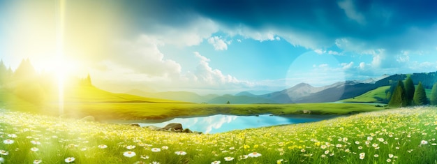 panorama paisajístico en un prado entre vegetación naturaleza montañas Formato de hierba y flores de sol brillante