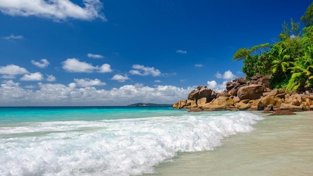 Panorama de palmeras y playas tropicales Isla de Praslin Seychelles