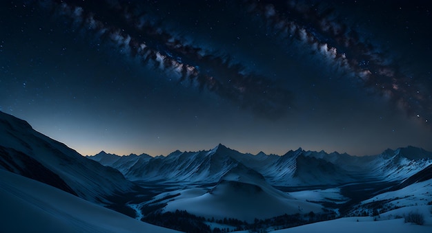 Un panorama panorámico de colinas onduladas y picos cubiertos de nieve iluminados por un cielo nocturno reluciente