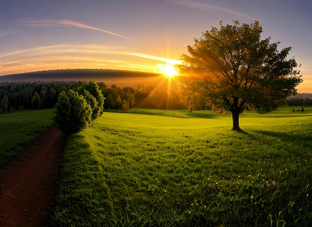 panorama pequena árvore crescendo com o mundo verde do nascer do sol e conceito de dia da terra