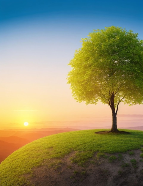 panorama pequena árvore crescendo com o nascer do sol