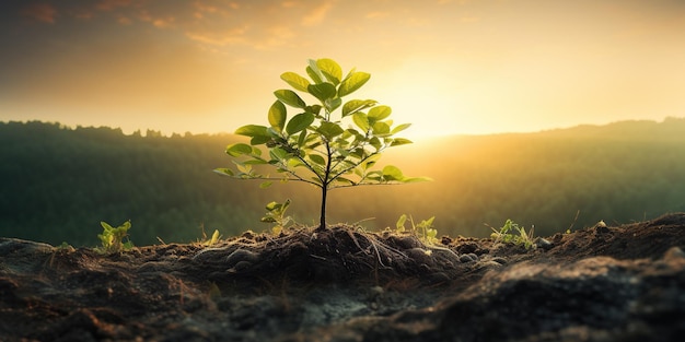 Panorama pequeño árbol creciendo con el amanecer verde mundo y el concepto del día de la tierra