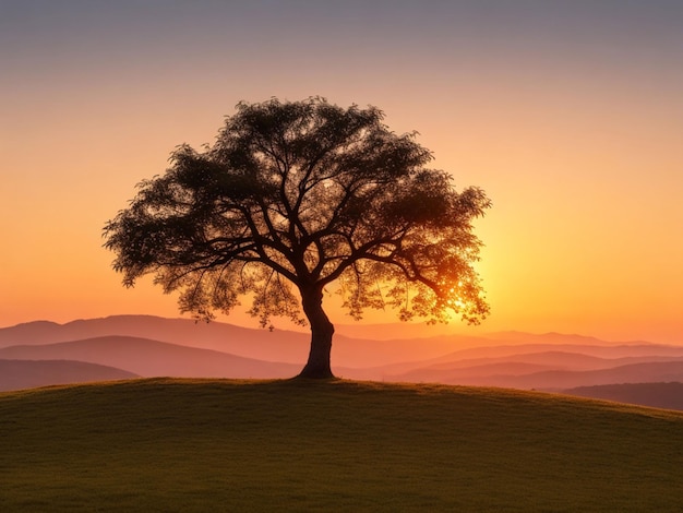 panorama de un pequeño árbol creciendo con el amanecer