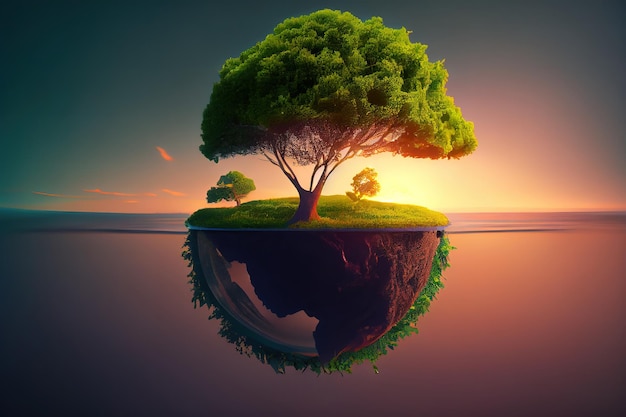 Panorama pequeño árbol que crece con amanecer Generativo Ai