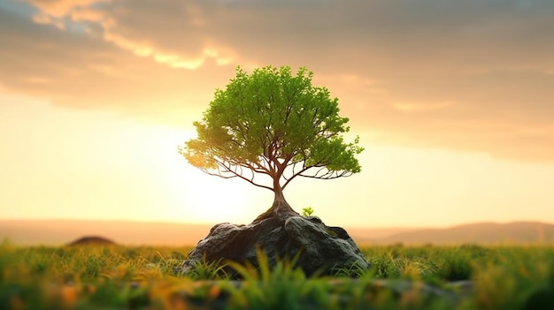 Panorama pequeño árbol que crece con el mundo verde del amanecer y el concepto del día de la tierra Generativo Ai