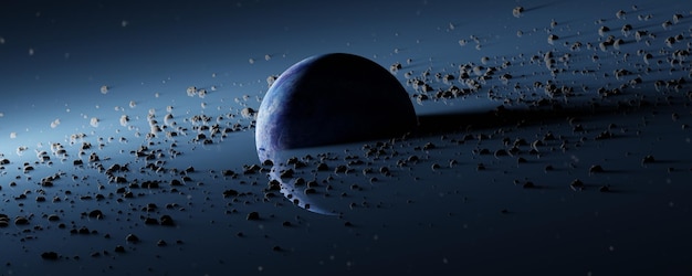 Panorama Planet Pandora umgeben von Asteroidengürtelringen Trümmer eines zerstörten Planeten Blauer Protoplanet im schwarzen Kosmos Raum des Universums 3D-Rendering