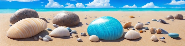 Panorama de la playa del océano en un día soleado con conchas grandes y pequeñas y piedras marinas Ilustración de paisaje marino con playa de arena agua turquesa y cielo con nubes blancas IA generativa